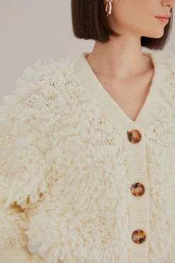 FARM Rio  OFF-WHITE TEXTURED V NECK CARDIGAN