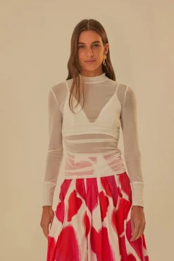 FARM Rio  OFF WHITE TULLE LONG SLEEVED BLOUSE