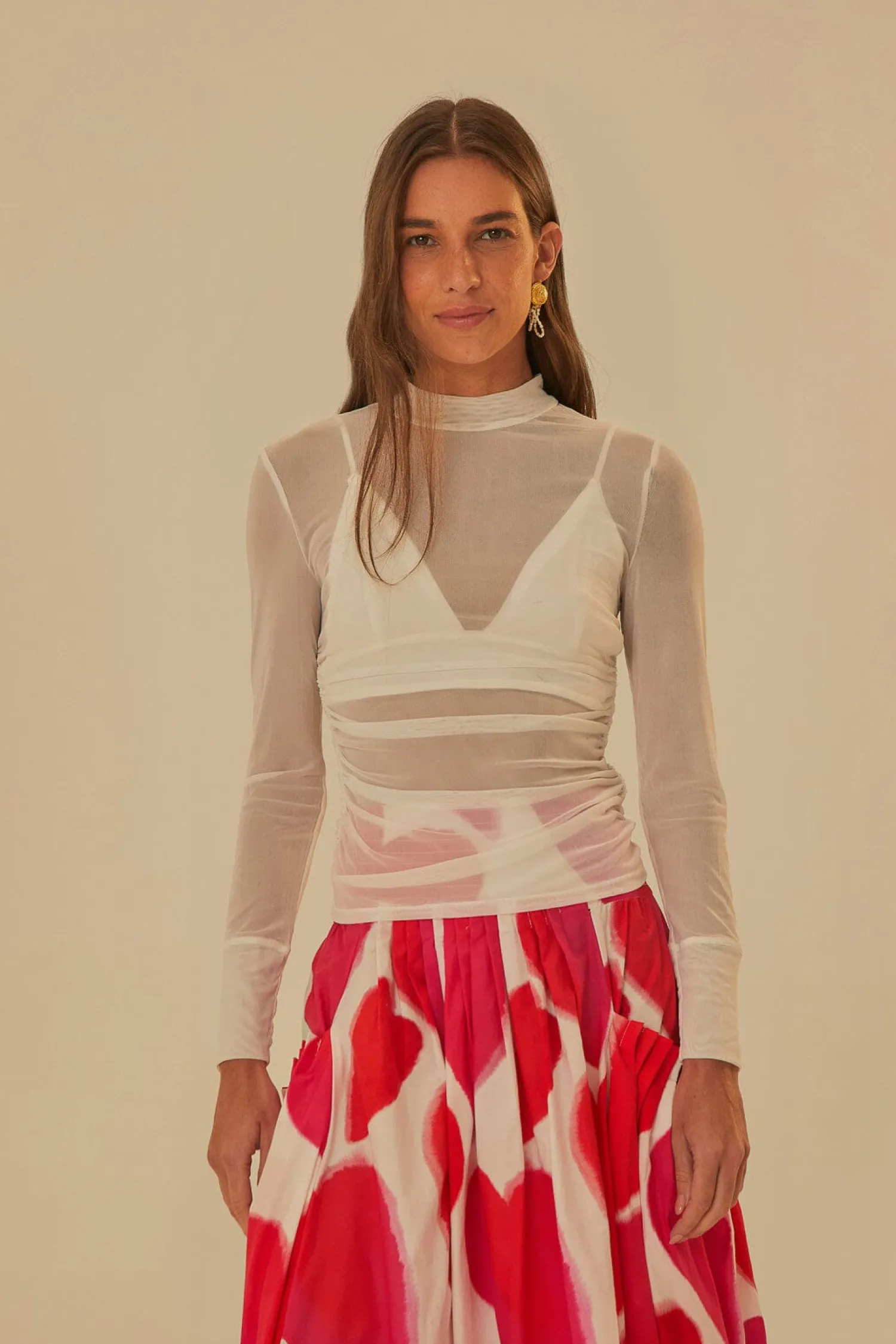 FARM Rio OFF WHITE TULLE LONG SLEEVED BLOUSE