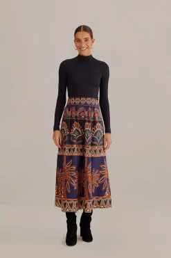 FARM Rio  ORANGE AINIKA TAPESTRY MIDI SKIRT