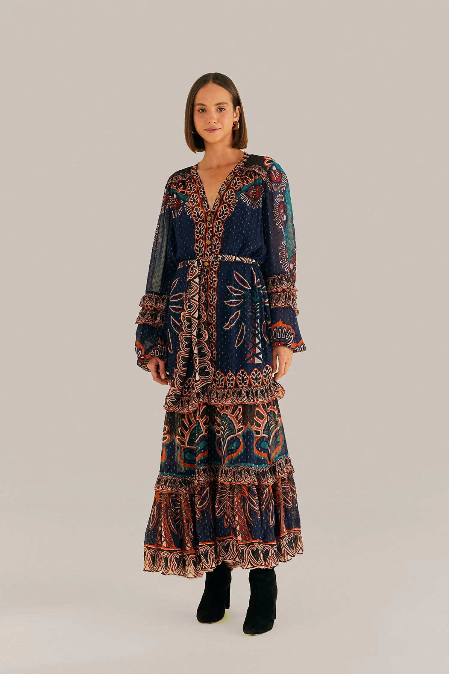 FARM Rio ORANGE AINIKA TAPESTRY SLIT MAXI DRESS