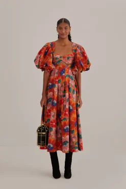 FARM Rio ORANGE MARIAS FLORAL CUT-OUT MIDI DRESS