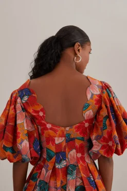 FARM Rio ORANGE MARIAS FLORAL CUT-OUT MIDI DRESS