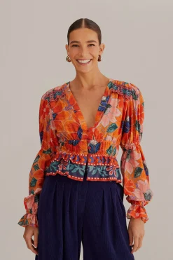 FARM Rio ORANGE MARIAS FLORAL LONG SLEEVE BLOUSE