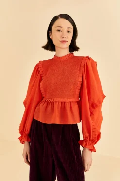 FARM Rio ORANGE SMOCKED BLOUSE