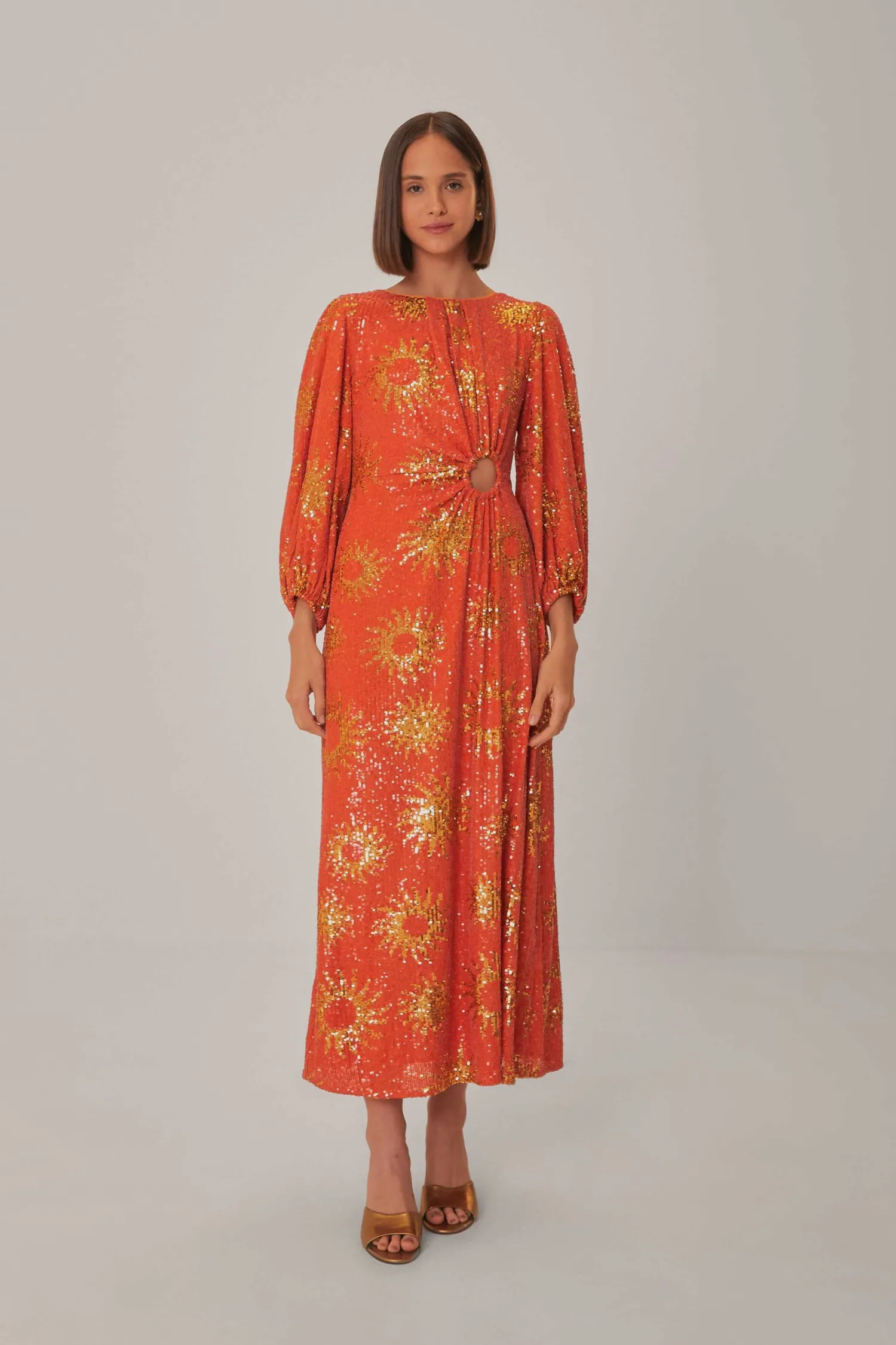 FARM Rio ORANGE SUNNY MOOD SEQUIN CUT OUT MIDI DRESS