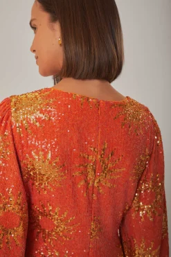 FARM Rio ORANGE SUNNY MOOD SEQUIN CUT OUT MIDI DRESS