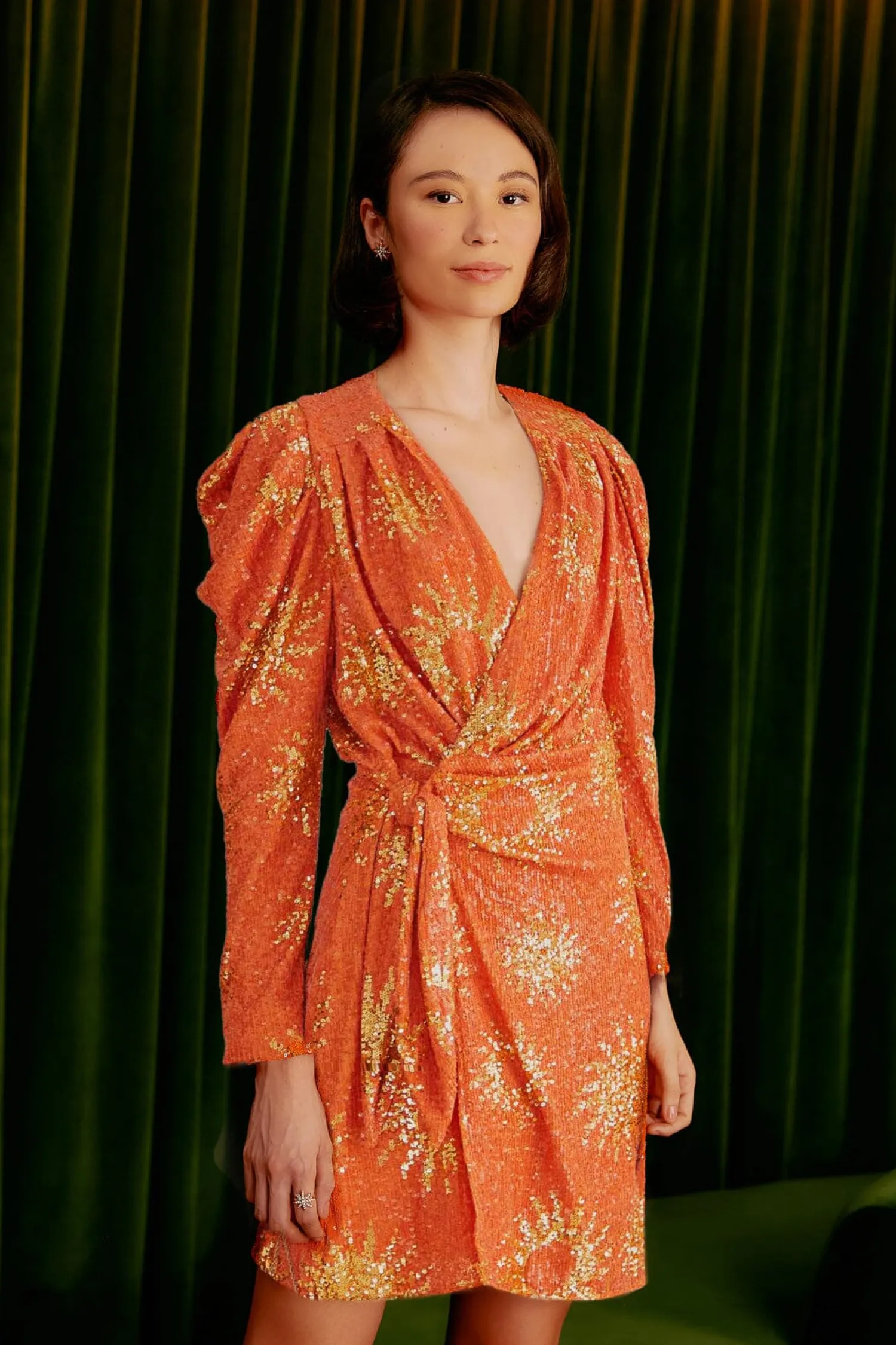 FARM Rio ORANGE SUNNY MOOD SEQUIN LONG SLEEVE MINI DRESS