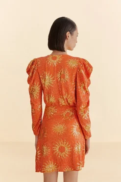 FARM Rio ORANGE SUNNY MOOD SEQUIN LONG SLEEVE MINI DRESS