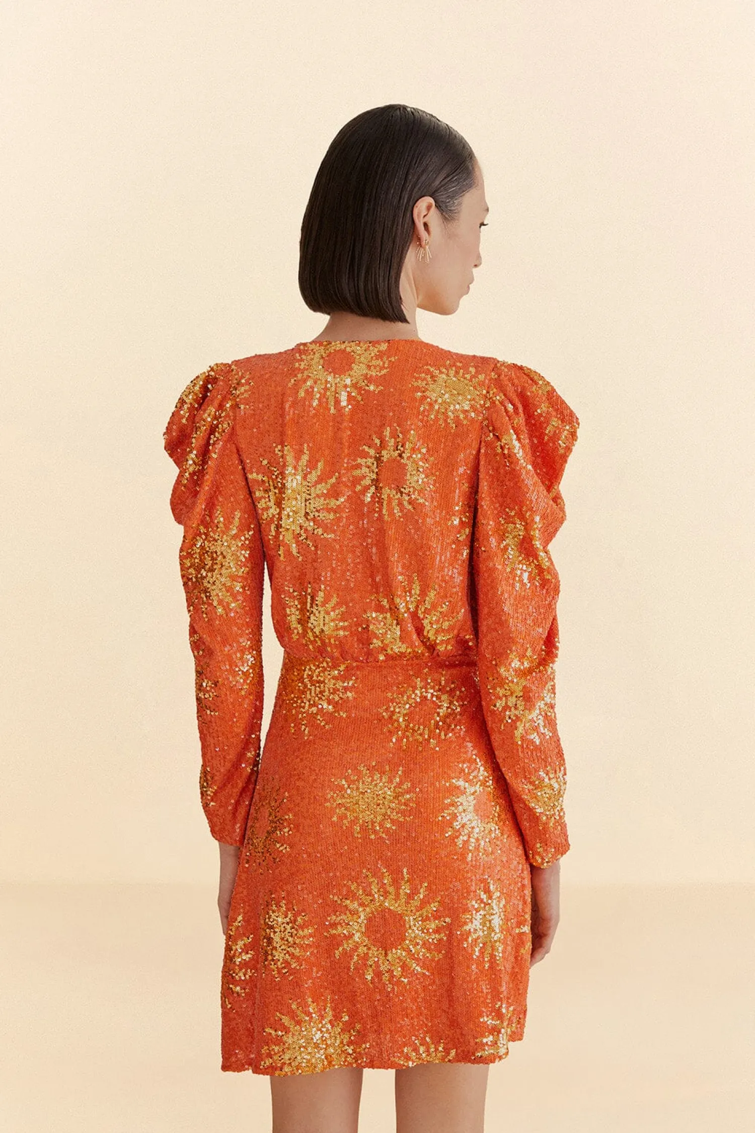 FARM Rio ORANGE SUNNY MOOD SEQUIN LONG SLEEVE MINI DRESS