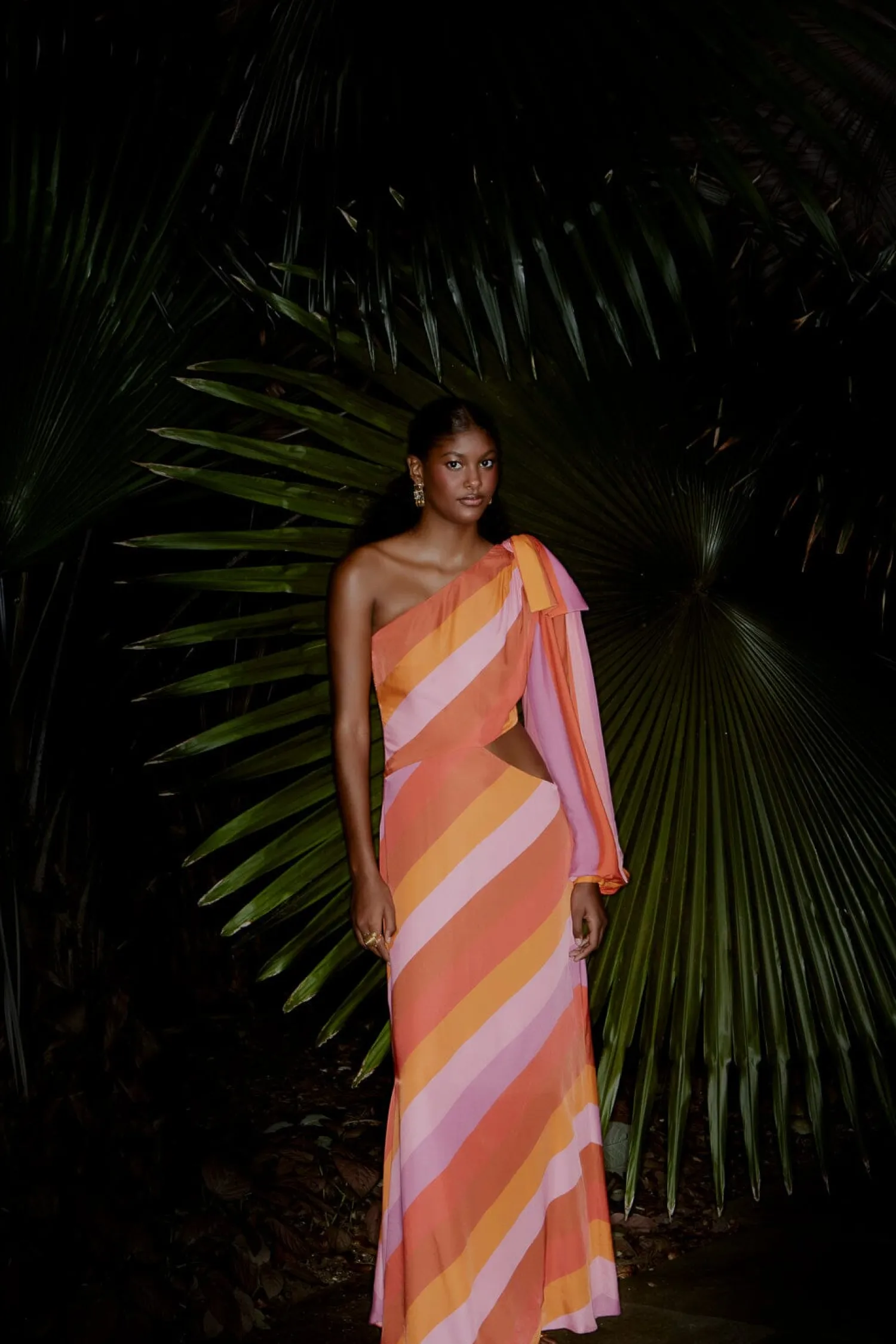 FARM Rio PARTY STRIPES MULTICOLOR ONE SHOULDER MAXI DRESS