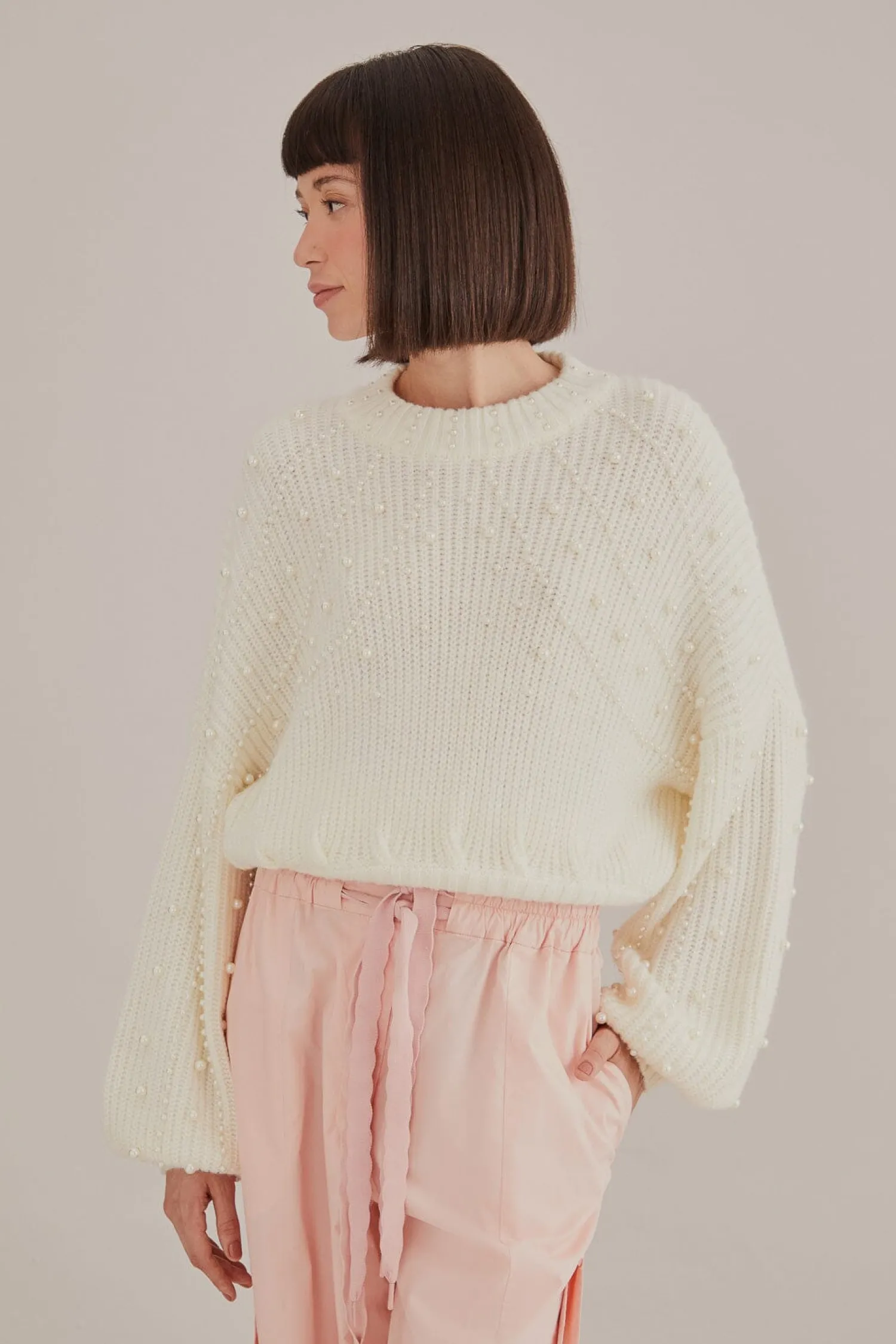 FARM Rio PEARL EMBROIDERED BUBBLE SWEATER