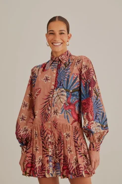 FARM Rio PINK BEADED FOREST LONG SLEEVE MINI DRESS