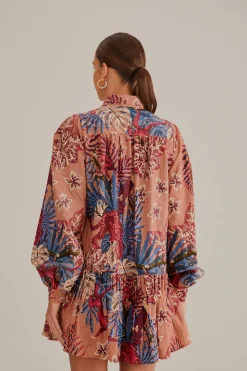 FARM Rio PINK BEADED FOREST LONG SLEEVE MINI DRESS