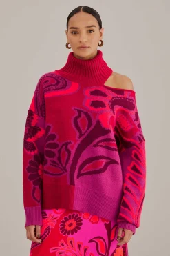 FARM Rio PINK BOLD FLORAL KNIT SWEATER