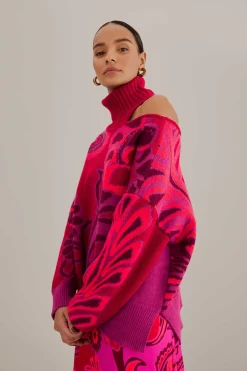 FARM Rio  PINK BOLD FLORAL KNIT SWEATER