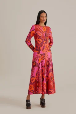 FARM Rio PINK BOLD FLORAL LONG SLEEVE MAXI DRESS