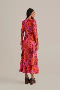 FARM Rio  PINK BOLD FLORAL LONG SLEEVE MAXI DRESS