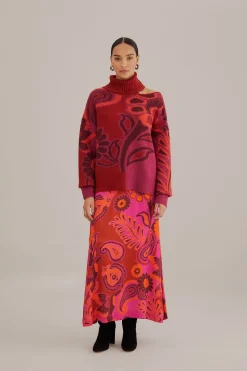 FARM Rio  PINK BOLD FLORAL SATIN MAXI SKIRT