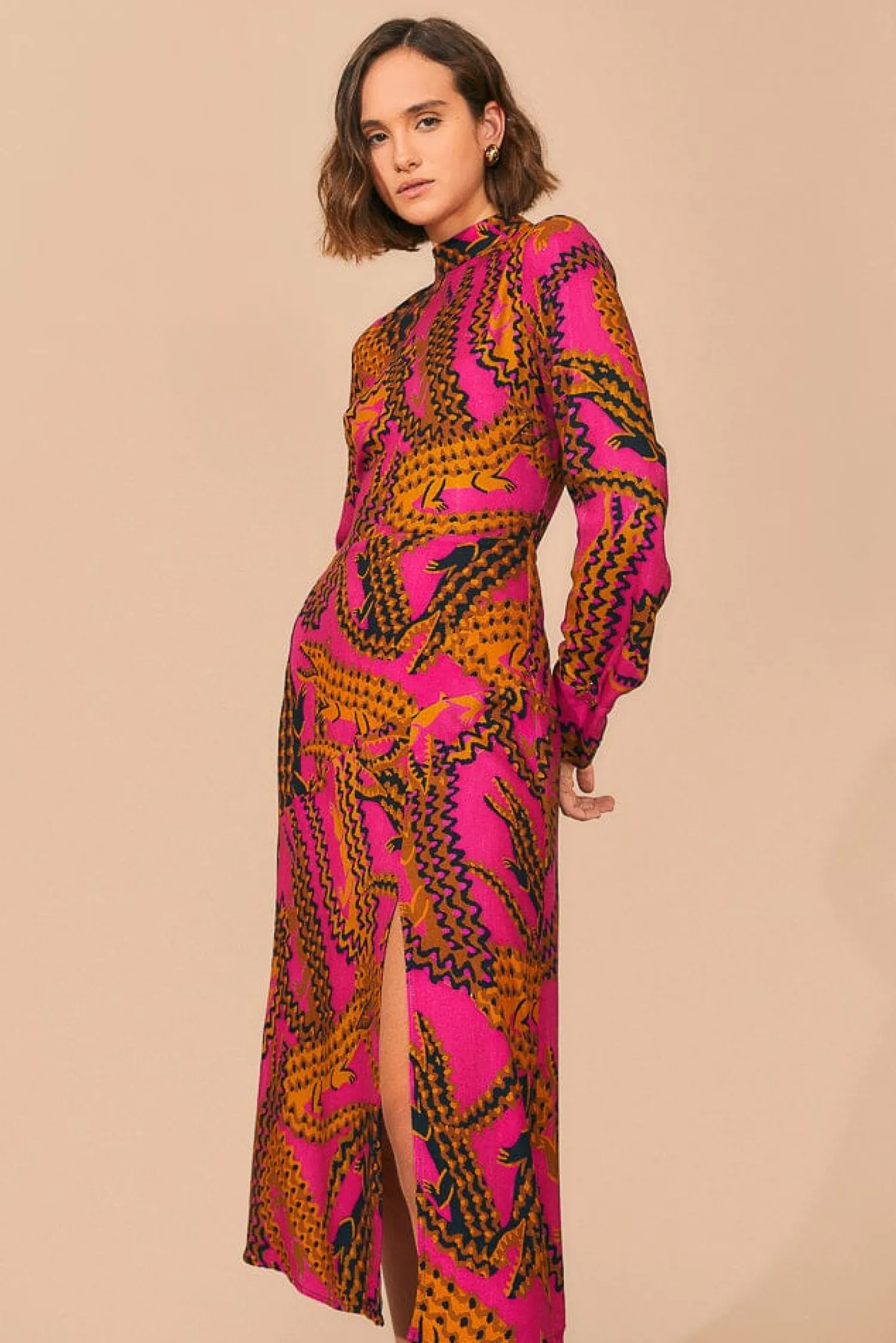 FARM Rio PINK CROCO LENZING™ ECOVERO™ VISCOSE SLIT MIDI DRESS