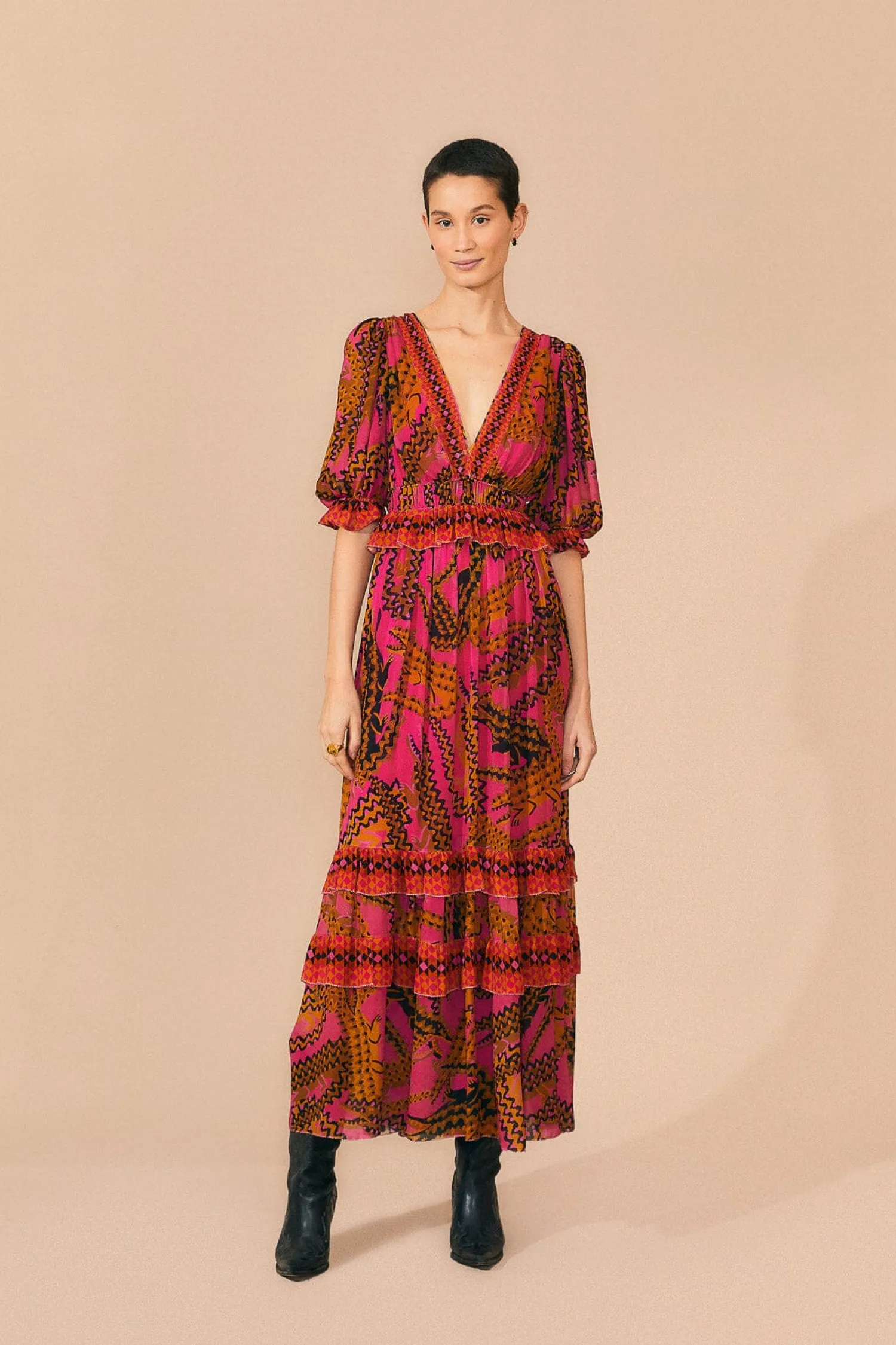 FARM Rio PINK CROCO SHORT SLEEVE MAXI DRESS