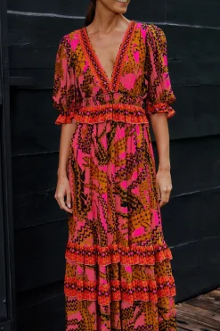 FARM Rio PINK CROCO SHORT SLEEVE MAXI DRESS