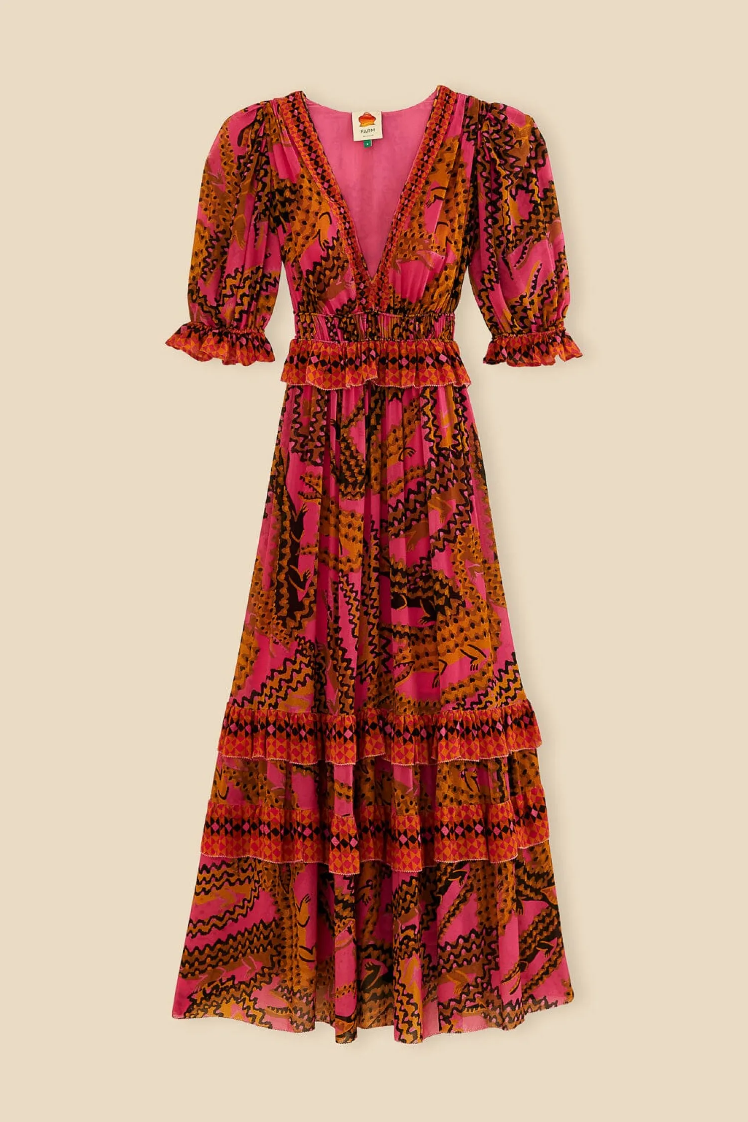 FARM Rio PINK CROCO SHORT SLEEVE MAXI DRESS