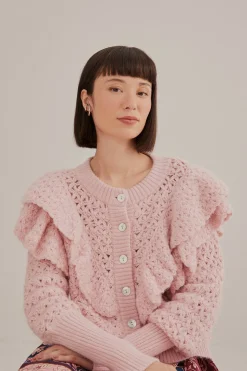 FARM Rio PINK FLOWER TEXTURE KNIT CARDIGAN