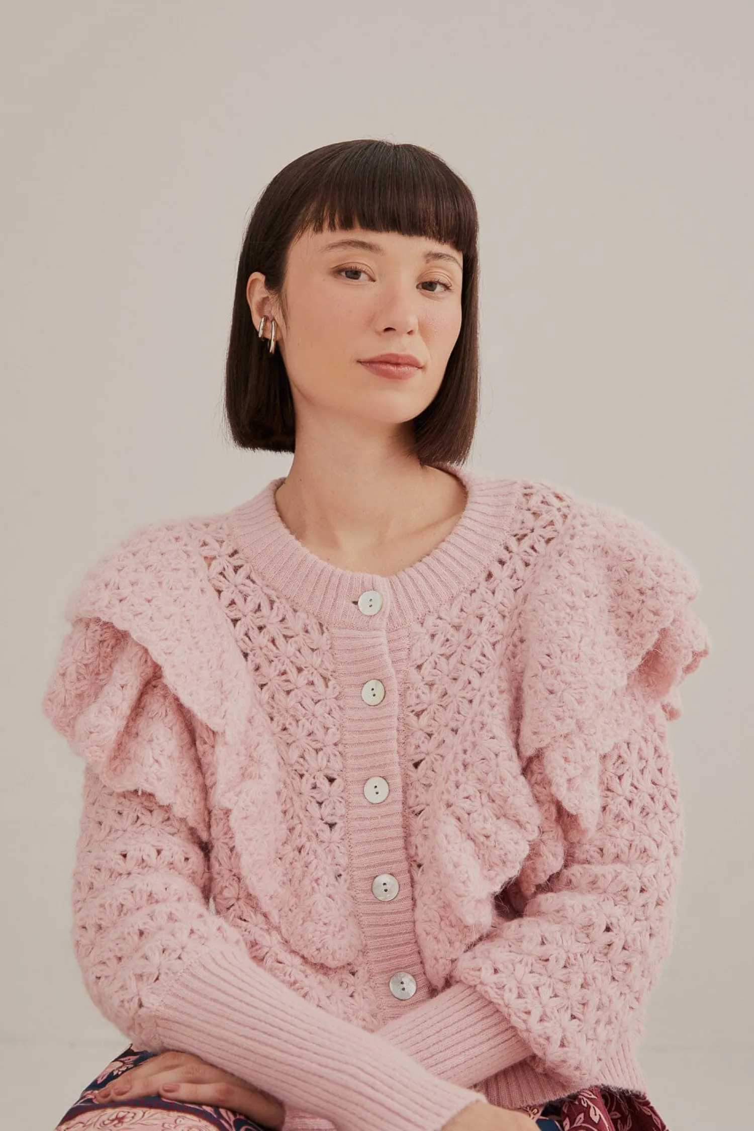 FARM Rio PINK FLOWER TEXTURE KNIT CARDIGAN