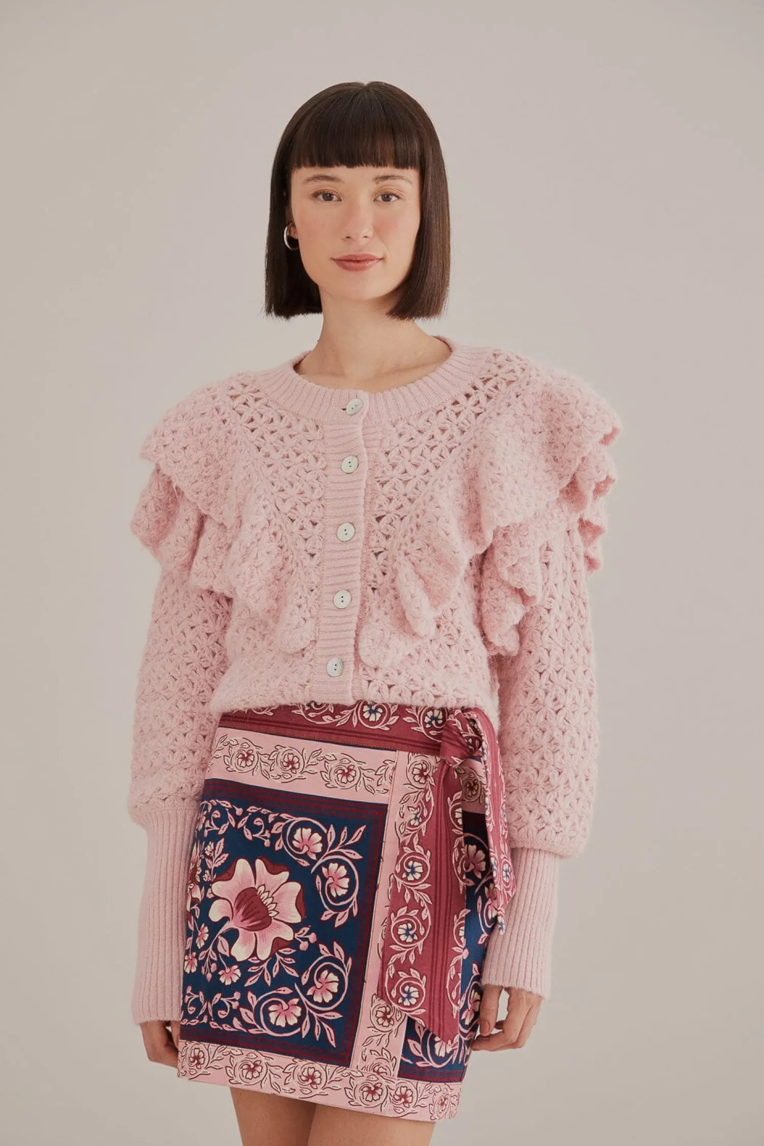 FARM Rio PINK FLOWER TEXTURE KNIT CARDIGAN