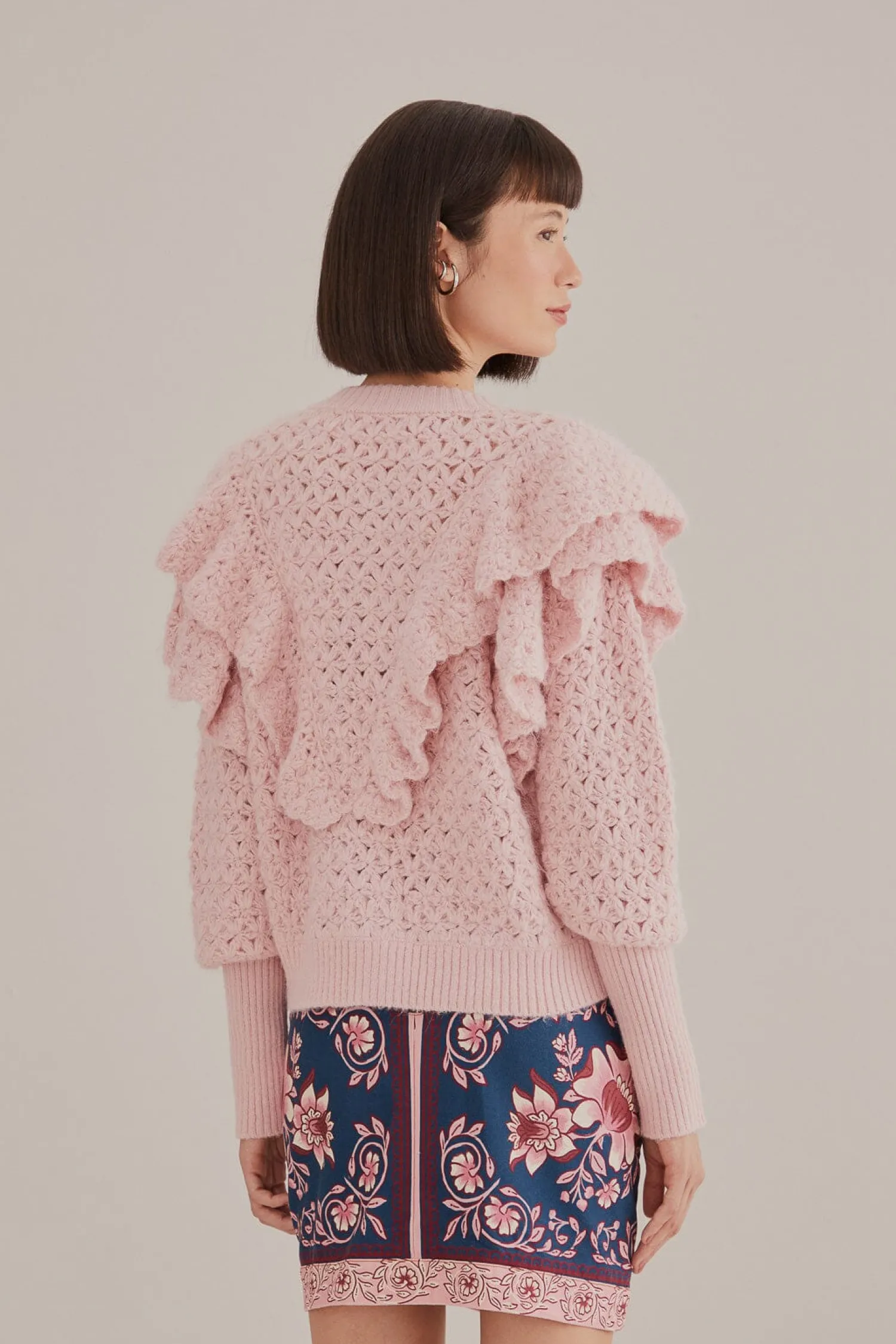 FARM Rio PINK FLOWER TEXTURE KNIT CARDIGAN