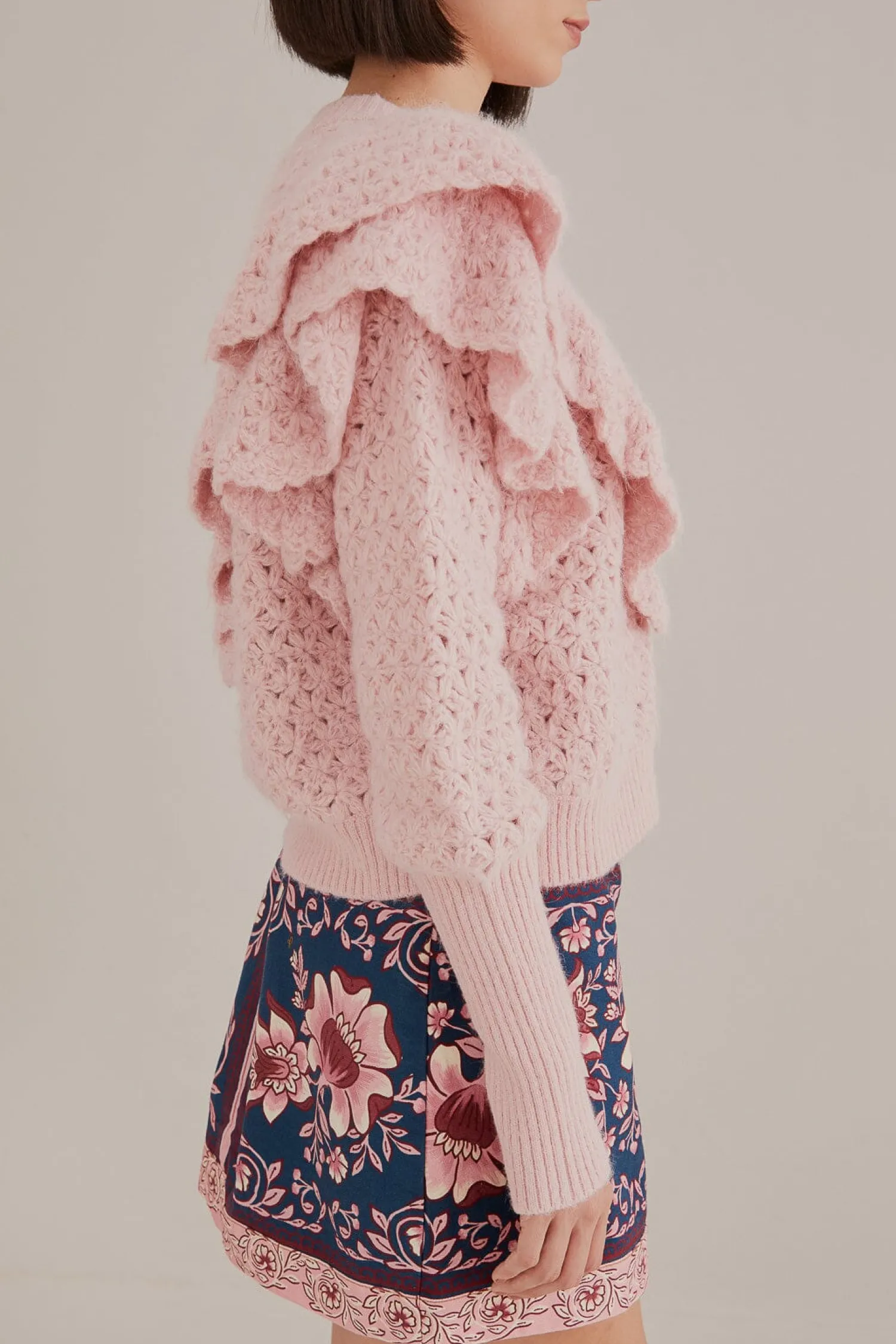 FARM Rio PINK FLOWER TEXTURE KNIT CARDIGAN