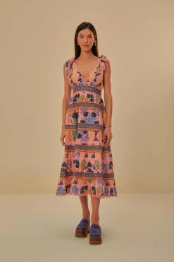 FARM Rio PINK SEASHELL TAPESTRY MIDI DRESS