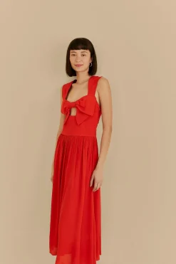 FARM Rio RED BOW SLEEVELESS MIDI DRESS