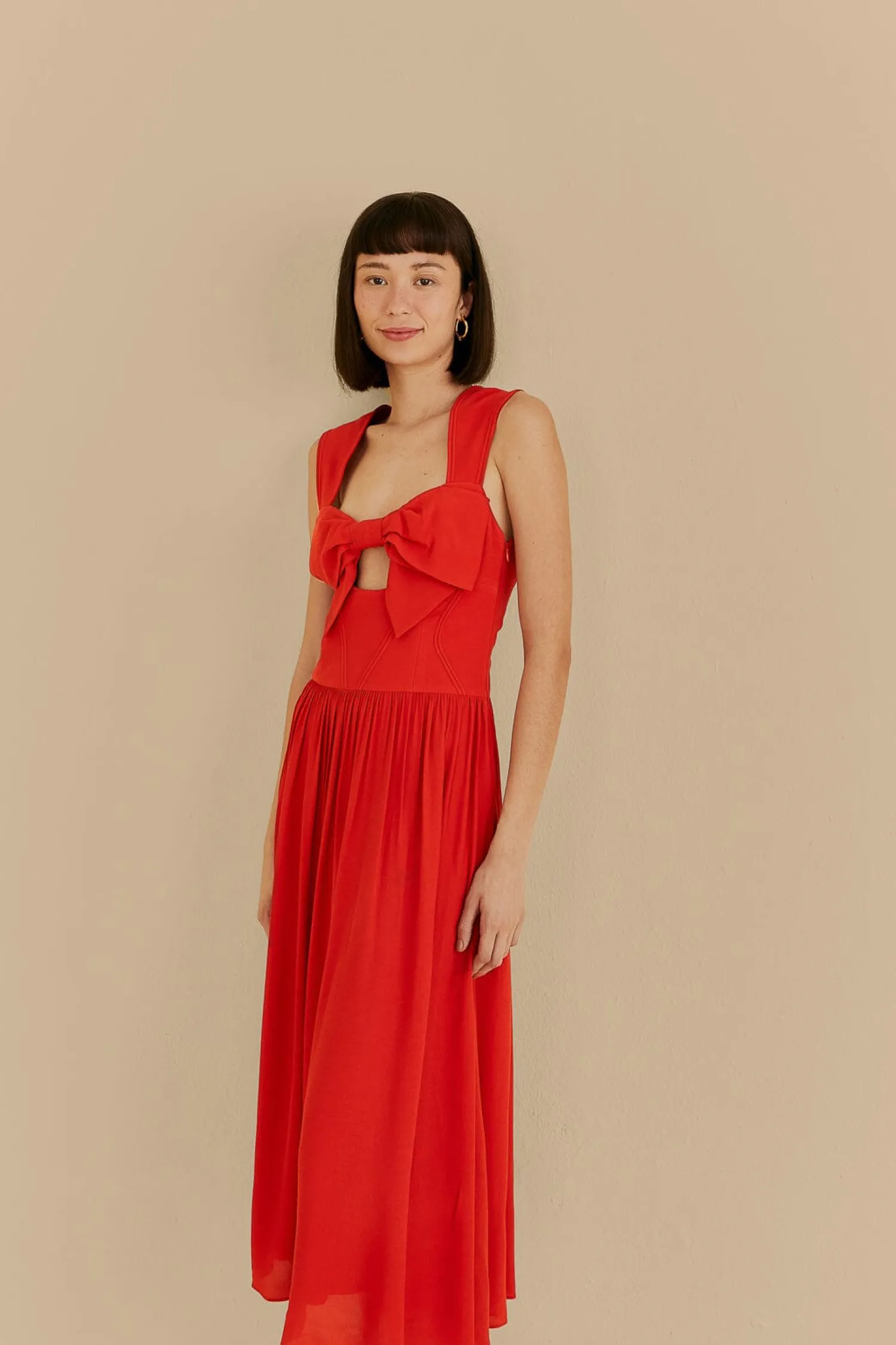 FARM Rio RED BOW SLEEVELESS MIDI DRESS