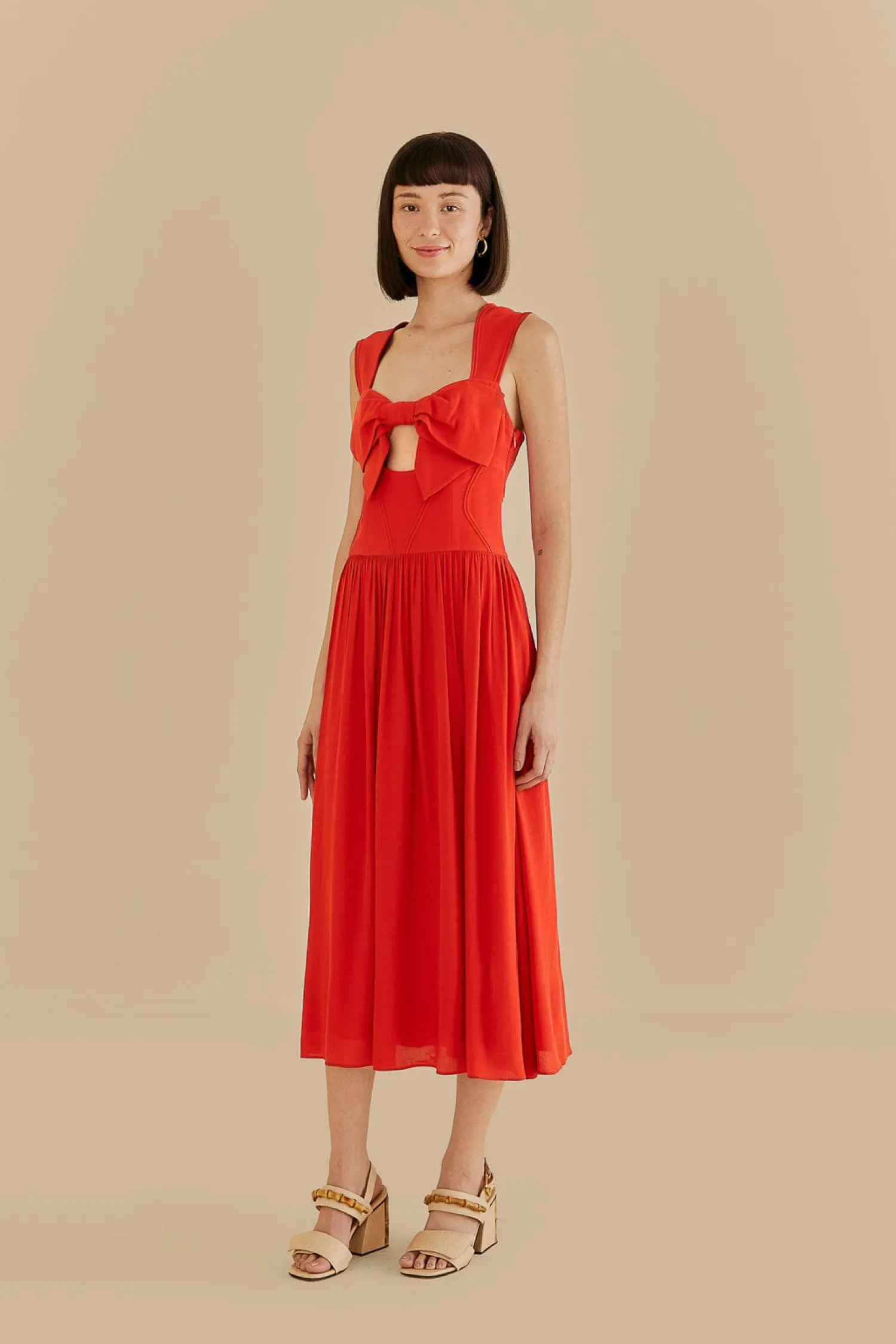 FARM Rio RED BOW SLEEVELESS MIDI DRESS