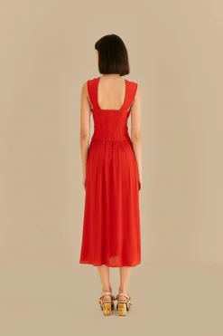 FARM Rio RED BOW SLEEVELESS MIDI DRESS