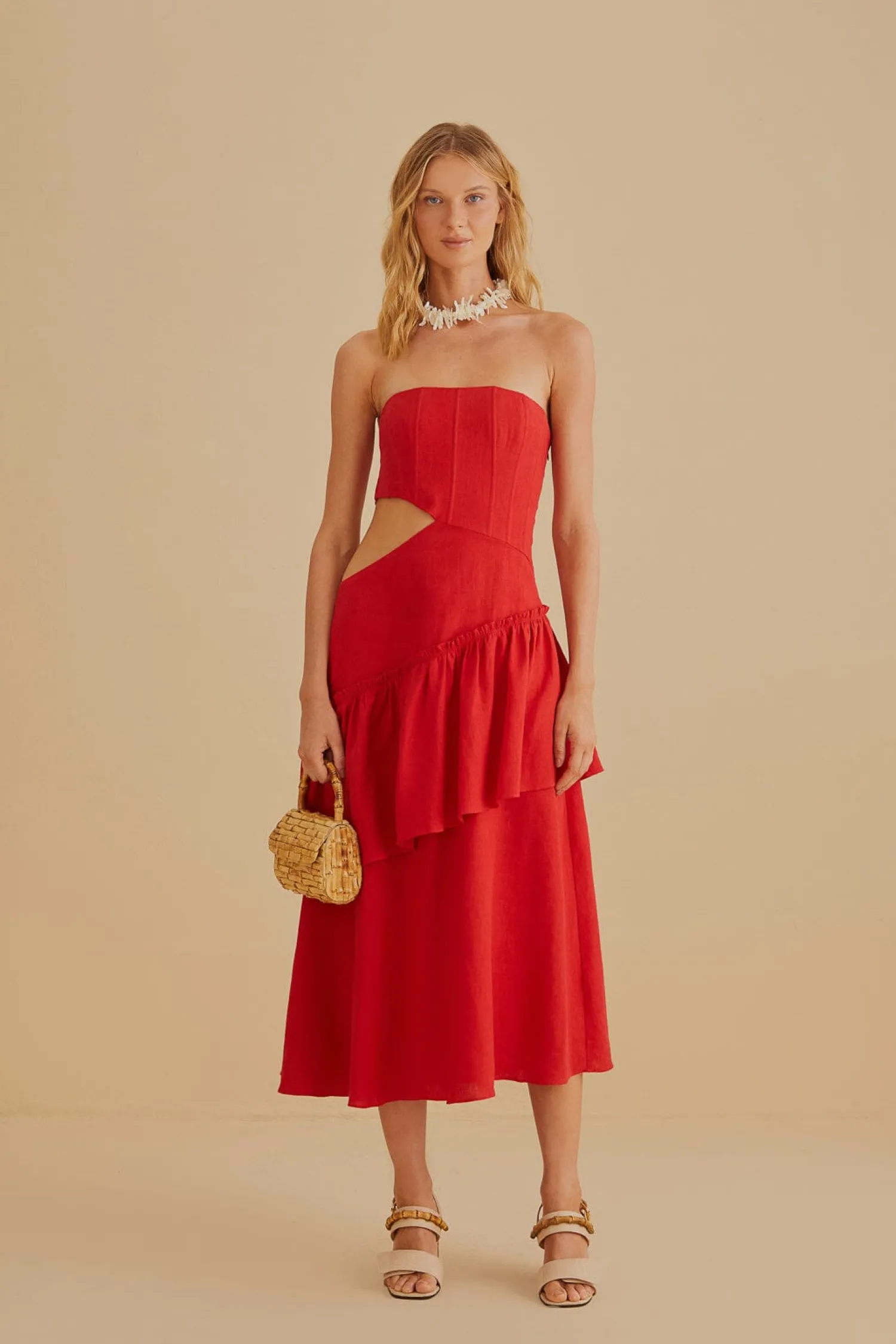 FARM Rio RED CUT OUT STRAPLESS MIDI DRESS