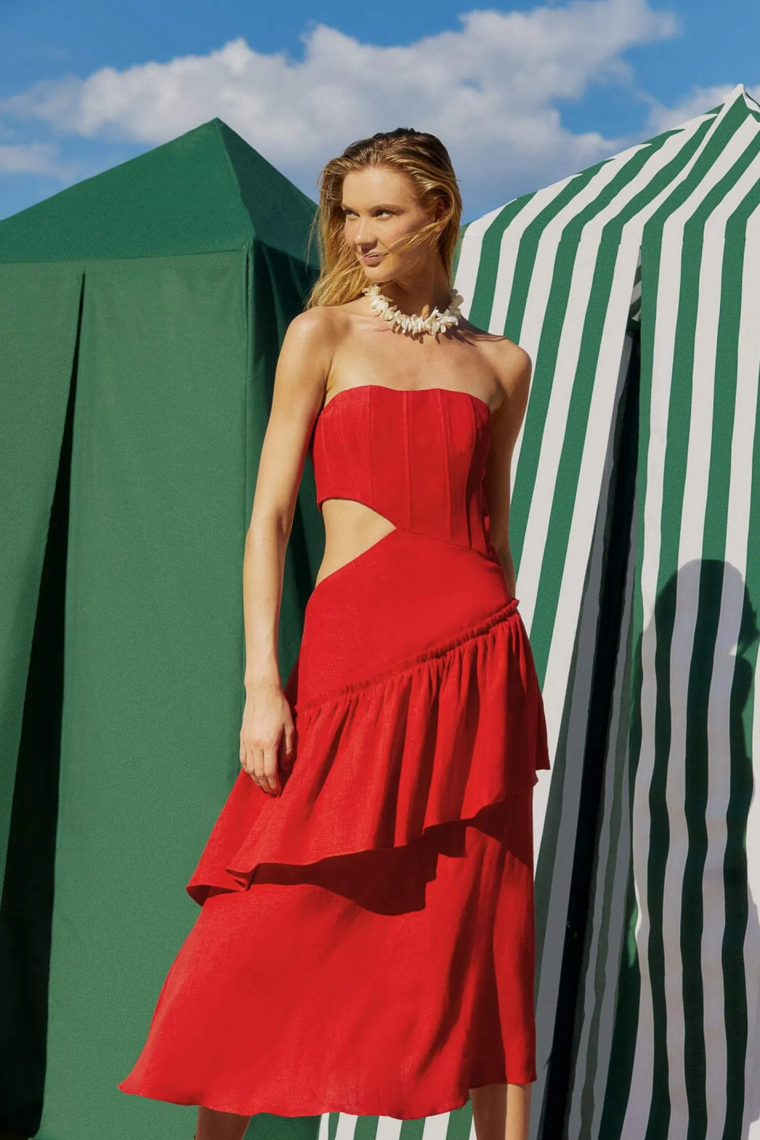 FARM Rio RED CUT OUT STRAPLESS MIDI DRESS