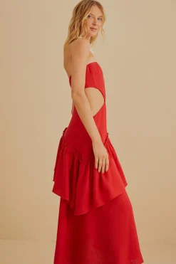 FARM Rio RED CUT OUT STRAPLESS MIDI DRESS