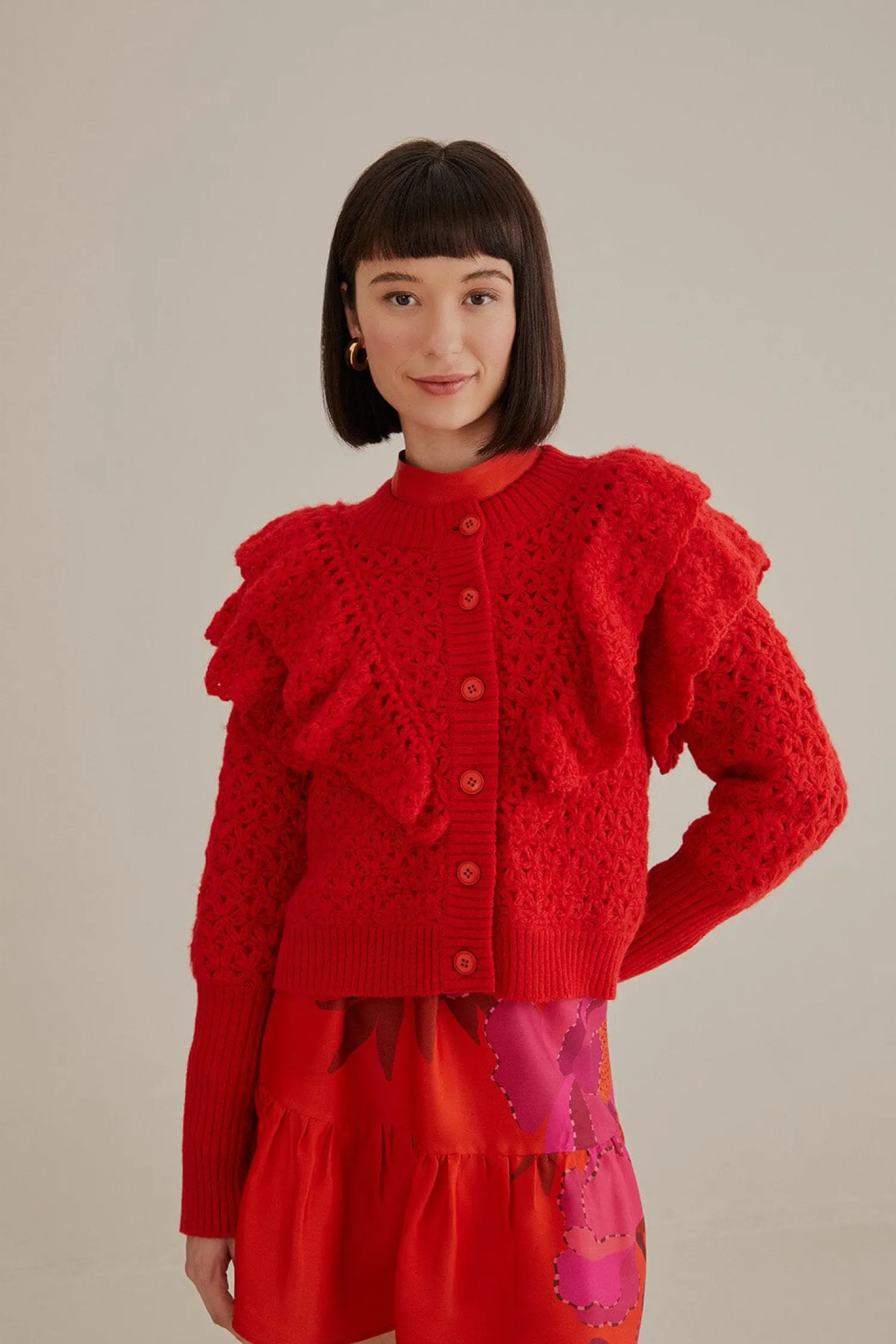 FARM Rio RED FLOWER TEXTURE KNIT CARDIGAN