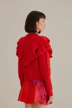 FARM Rio RED FLOWER TEXTURE KNIT CARDIGAN