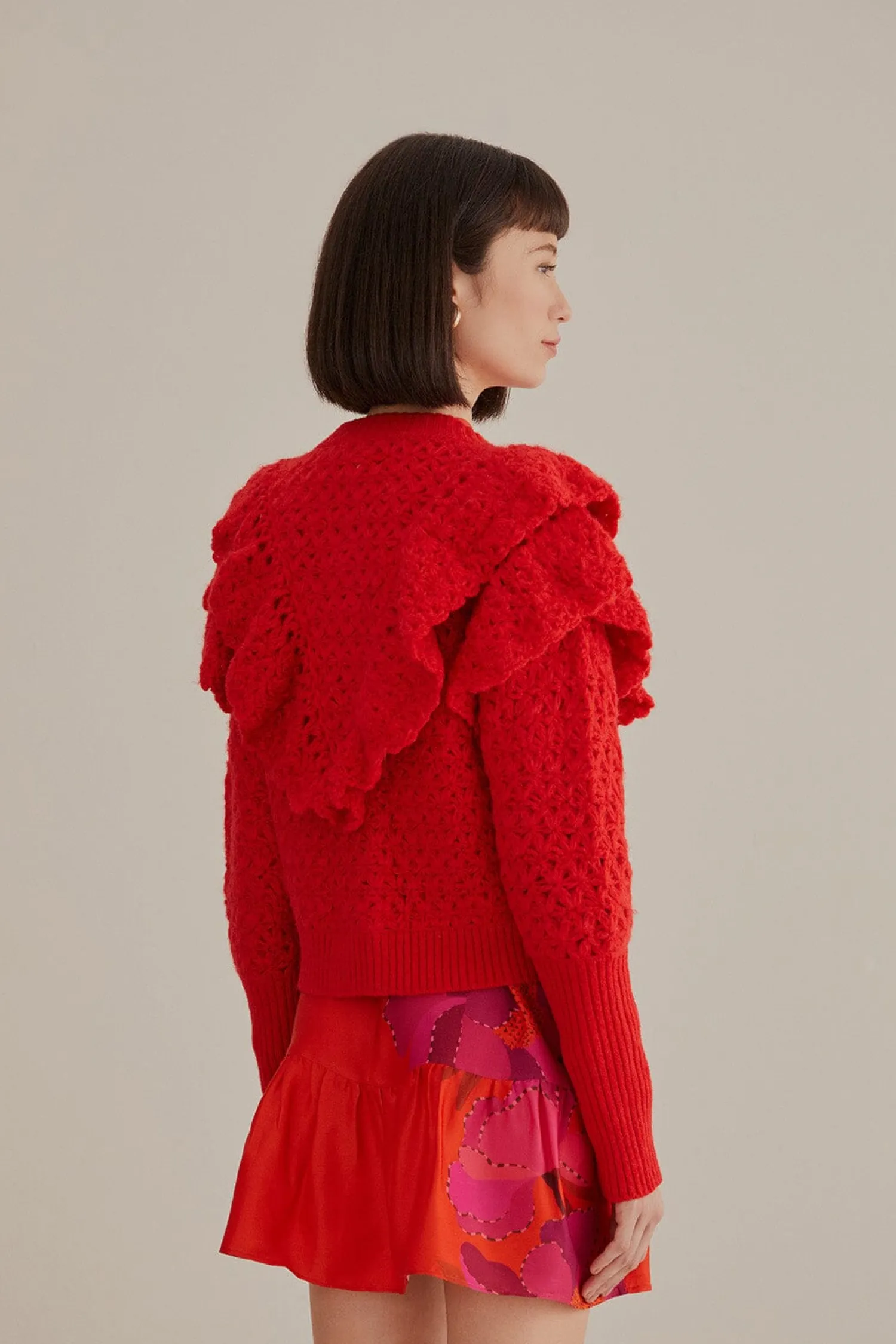 FARM Rio RED FLOWER TEXTURE KNIT CARDIGAN