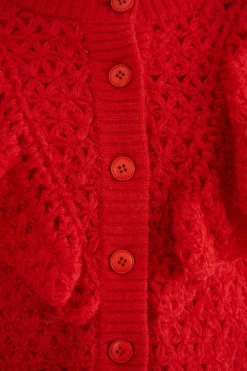FARM Rio RED FLOWER TEXTURE KNIT CARDIGAN