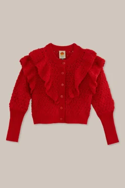 FARM Rio RED FLOWER TEXTURE KNIT CARDIGAN