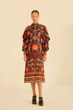 FARM Rio RED NATURE BEAUTY SCARF BACKLESS MIDI DRESS