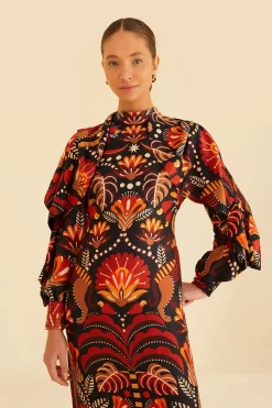 FARM Rio  RED NATURE BEAUTY SCARF BACKLESS MIDI DRESS