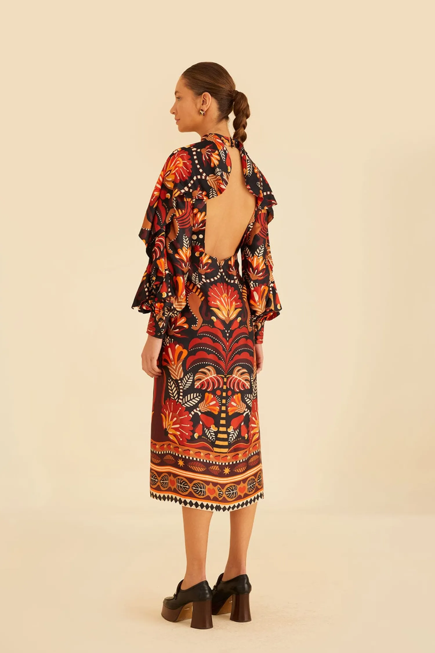 FARM Rio RED NATURE BEAUTY SCARF BACKLESS MIDI DRESS
