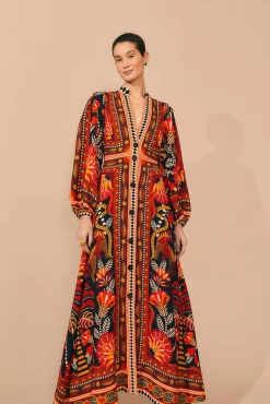 FARM Rio RED NATURE BEAUTY SCARF LONG SLEEVE MAXI DRESS
