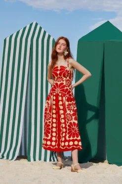 FARM Rio  RED PALERMO SLEEVELESS MIDI DRESS